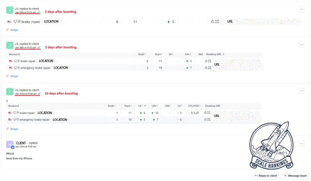 Original rank-tracking update thread for the automotive (brake repair) client